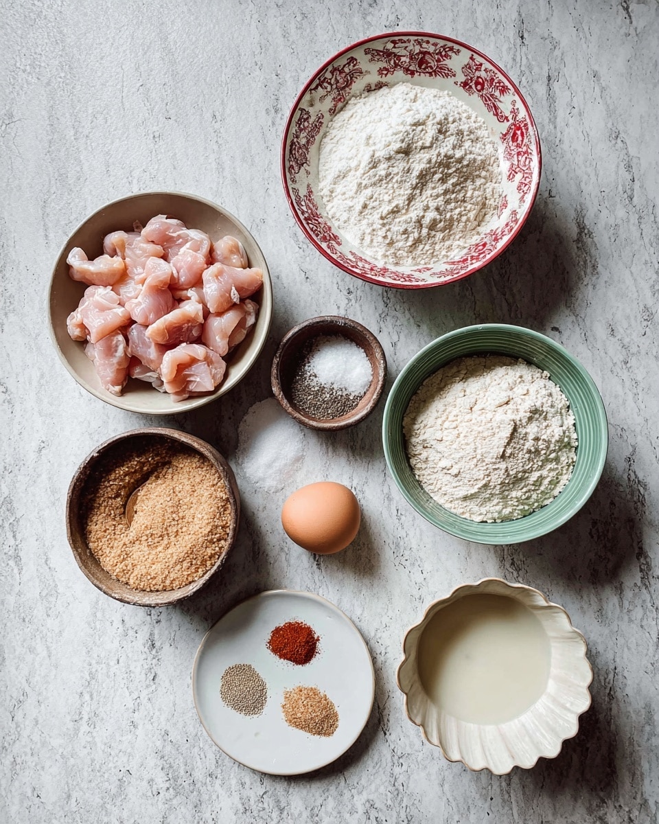 The image shows an overhead view of cooking ingredients arranged on a white marbled surface. Starting from the top right, there is a white round bowl decorated with red chili patterns filled with light brown breadcrumbs. Below it is a green bowl filled with white flour that looks soft and powdery. To the left of the green bowl, there is a white bowl containing pink raw chicken pieces in bite-sized chunks. Directly above the chicken, there is a white bowl filled with white flour. Next to it, a brown bowl contains a pile of coarse salt, and a smaller brown bowl beside it is filled with ground black pepper. An egg with a smooth brown shell is placed near the brown bowls, and beside the egg is a small white plate with four spice powders arranged in small piles: red, black, light brown, and beige. At the bottom right, there is a white scalloped bowl with a creamy liquid, likely buttermilk. The ingredients are neatly placed, showing a mix of powdery, dry, and fresh textures all set on a clean white marbled surface. Photo taken with an iphone --ar 4:5 --v 7