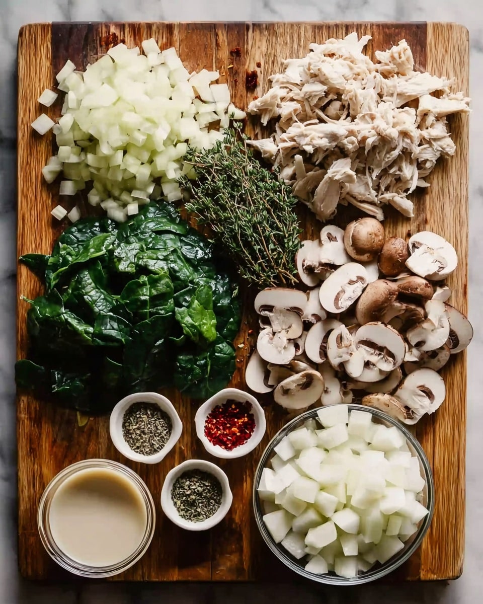 A wooden cutting board holds seven groups of ingredients: on the top left, pale yellow chopped onions; next to it on the right, shredded light beige chicken pieces; to the right, a pile of dark green spinach leaves; below the onions, round sliced brown mushrooms with white flesh; below the chicken, a small bunch of fresh green thyme; next to the thyme in three small white bowls, red chili flakes, dried herbs, and more dried herbs; and near the bottom left corner, a small white bowl filled with pale cream liquid, and a clear bowl filled with white cubed onions. All is set on a white marbled surface photo taken with an iphone --ar 4:5 --v 7