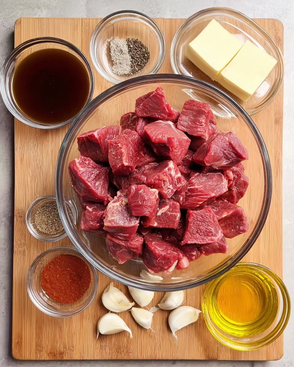The image shows a large clear glass bowl filled with many chunks of raw red meat with some white fat, placed on a wooden board. Around the bowl, there are small glass bowls holding various ingredients. At the top left, there is a bowl with dark brown liquid, below it a bowl with two slabs of butter. To the right of the butter, a small bowl contains a mix of salt and black pepper. Below that, there are six garlic cloves scattered on the board. At the bottom of the image, there is a bowl with reddish powder, and next to it, a bowl of golden olive oil. The whole setup is arranged neatly on a wooden board, with no other items visible in the background. The photo taken with an iphone --ar 4:5 --v 7