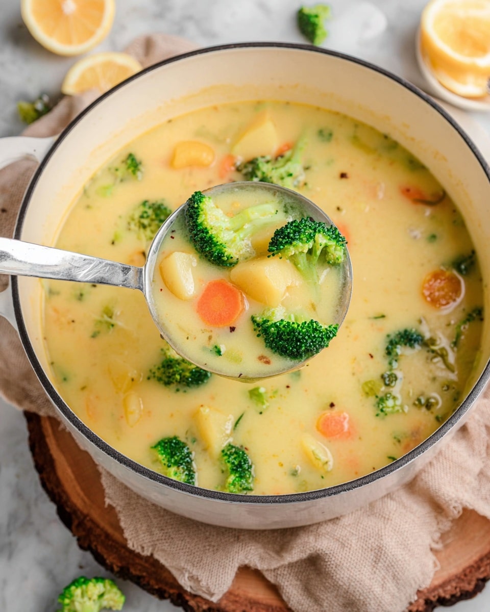 The image shows a large white pot filled with creamy soup that has a soft yellow base. Inside the soup, there are bright green broccoli florets floating along with small orange carrot slices and pale yellow potato pieces. A silver ladle is lifted from the pot, holding a spoonful of the soup with a clear view of the colorful veggies. The pot is placed on a rough wooden board with a beige cloth underneath, and a few lemon wedges and broccoli pieces are scattered around on a white marbled surface. Photo taken with an iphone --ar 4:5 --v 7