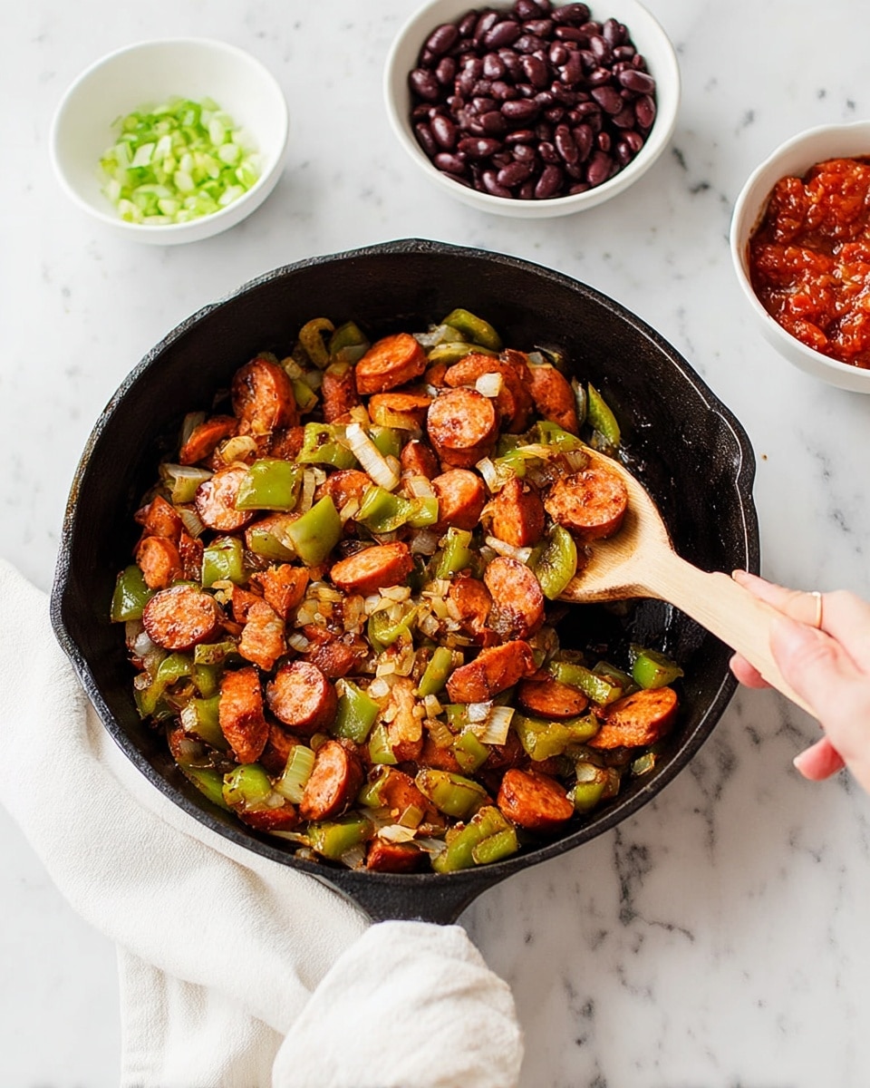 A black cast iron skillet holds cooked pieces of orange sausage, green bell pepper chunks, and translucent cooked onions, all mixed together with a wooden spoon held by a woman's hand. Above the skillet, there are two small white bowls: one filled with dark red beans and the other with a chunky red salsa. The background surface is white marbled texture, and a white cloth is under the skillet's handle. Photo taken with an iphone --ar 4:5 --v 7