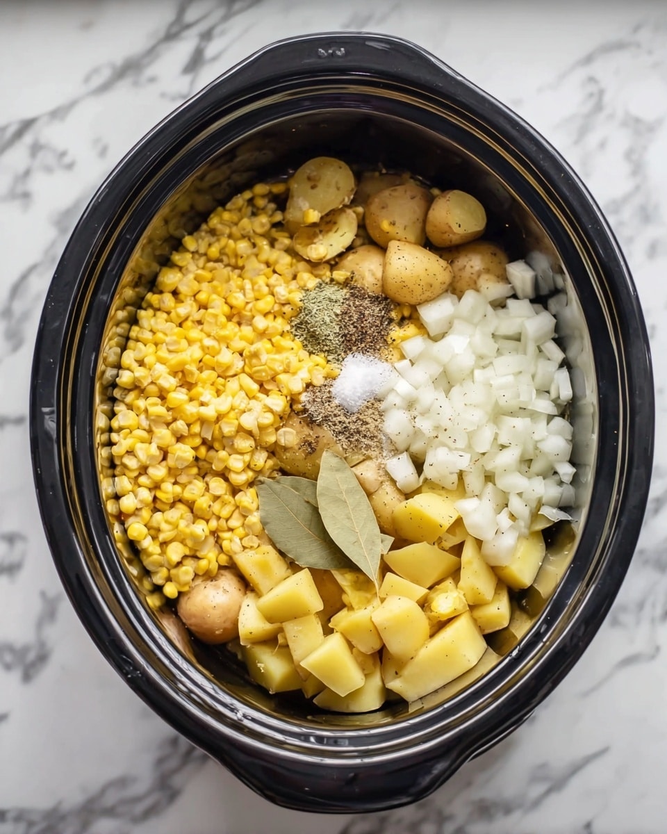 Inside a black slow cooker on a white marbled surface, there are four main layers of ingredients. On the left, there is a large portion of yellow frozen corn kernels. To the right of the corn, there are white chopped onions spread evenly. Further right, there are yellow potatoes cut into chunks with skin on. In the center on top of these layers, there are two dried bay leaves and a small pile of mixed spices, including white salt and black pepper. Photo taken with an iphone --ar 4:5 --v 7