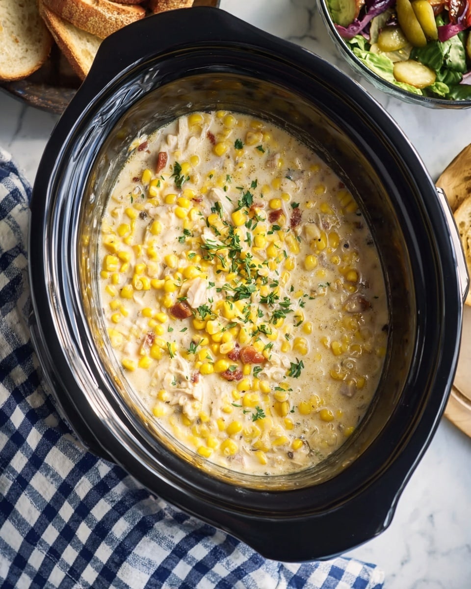 A black slow cooker filled with a creamy yellow corn and chicken stew, showing soft kernels of corn mixed evenly throughout a thick, light creamy base. Small pieces of white chicken and bits of bacon are visible, along with sprinkled green herbs on top for garnish. The slow cooker rests on a white marbled surface with a blue and white striped cloth beside it, a bowl of mixed salad nearby, and partial views of a round bowl of pickled vegetables and slices of toasted bread around the edges. Photo taken with an iphone --ar 4:5 --v 7