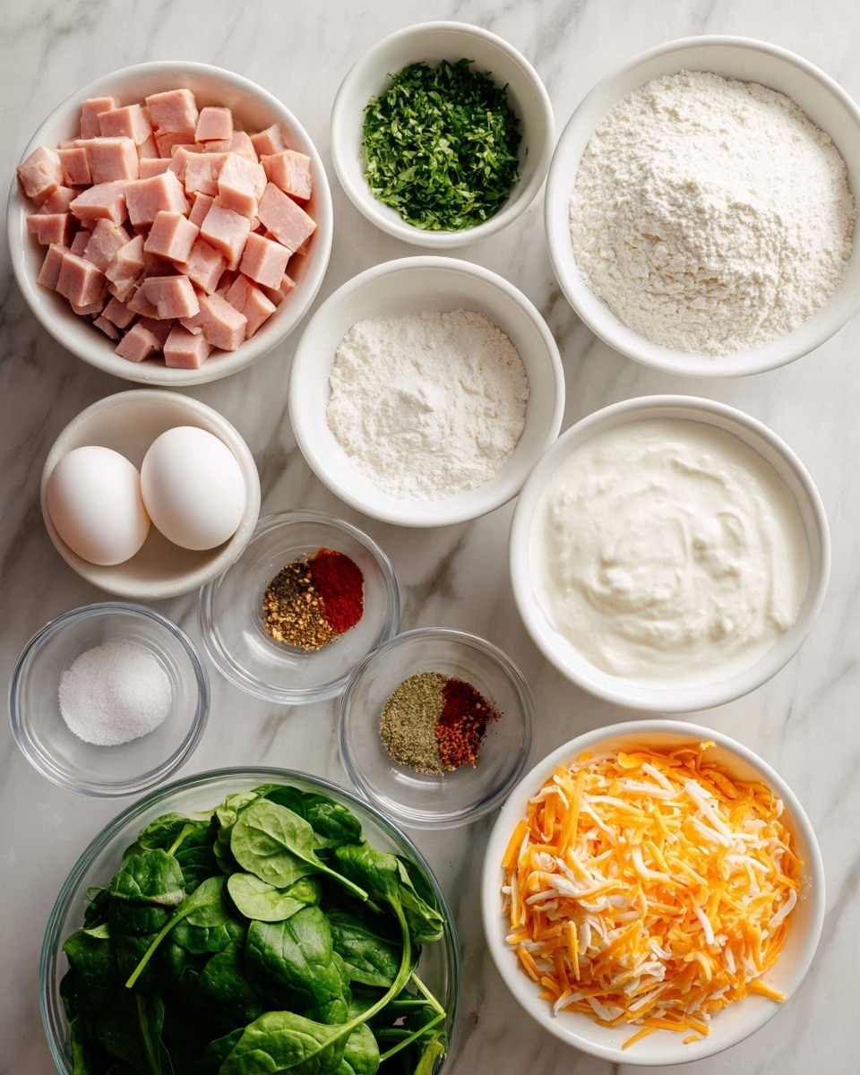 The image shows nine white bowls arranged on a white marbled surface, each containing different ingredients. Starting from the top left, the first bowl has light pink cubed ham, next to it on the right is a bowl with finely chopped green herbs. Below the ham, a bowl is filled with white flour, and to its right is a large bowl with thick white sour cream. Below the herbs is a small bowl with white powder, probably baking powder. On the bottom left, a clear glass bowl holds three white eggs. To the right of the eggs, there's a small bowl with mixed spices including red flakes, garlic powder, and salt. Next to it is a bowl filled with shredded orange and white cheese combined. The last bowl at the bottom contains fresh green leafy spinach. The photo was taken with an iphone --ar 4:5 --v 7
