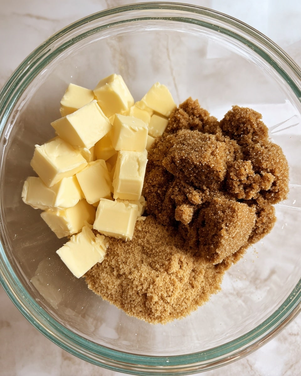 Inside a clear glass mixing bowl, there are two main ingredients placed side by side: on the left, small yellow cubes of butter with a smooth texture, and on the right, a large heap of light brown sugar with a soft, crumbly texture. The bowl sits on a white marbled surface. photo taken with an iphone --ar 4:5 --v 7