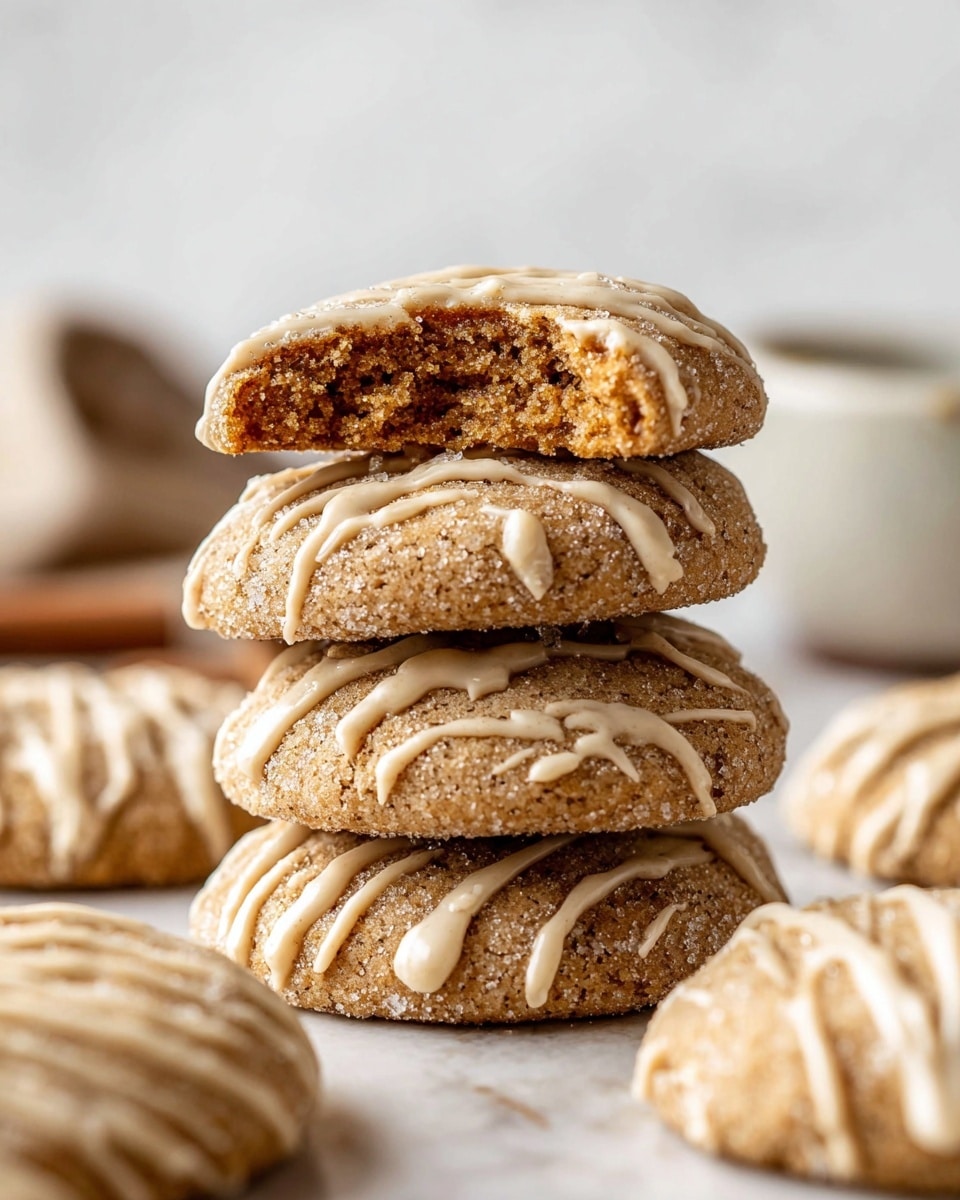 A stack of four round cookies sits on a white marbled surface, each cookie light brown with a coarse, sugar-coated texture and drizzled with thin lines of beige icing. The top cookie is broken in half and rests leaning on the second cookie, showing a soft, dense inside of a deeper brown color. Around the base of the stack, more cookies lie flat, also drizzled with icing. The background is blurred but shows a matching white marbled texture and a glimpse of a simple white bowl or plate. photo taken with an iphone --ar 4:5 --v 7