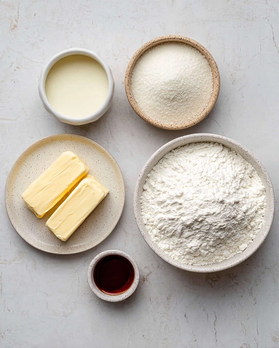 A flat lay image on a white marbled surface shows five small bowls and plates holding baking ingredients. The largest bowl on the right is filled with a thick, white powdery substance. To its left, a small white plate holds two thick slabs of pale yellow butter placed side by side. Above the butter plate, a small bowl contains a creamy white liquid, and next to it on the right is a small brown speckled bowl with a coarse white powder. To the right of them, a small white bowl has a clear dark brown liquid. The overall color palette is neutral and light, with varied textures from smooth butter to powdery flour and thick liquid. Photo taken with an iphone --ar 4:5 --v 7