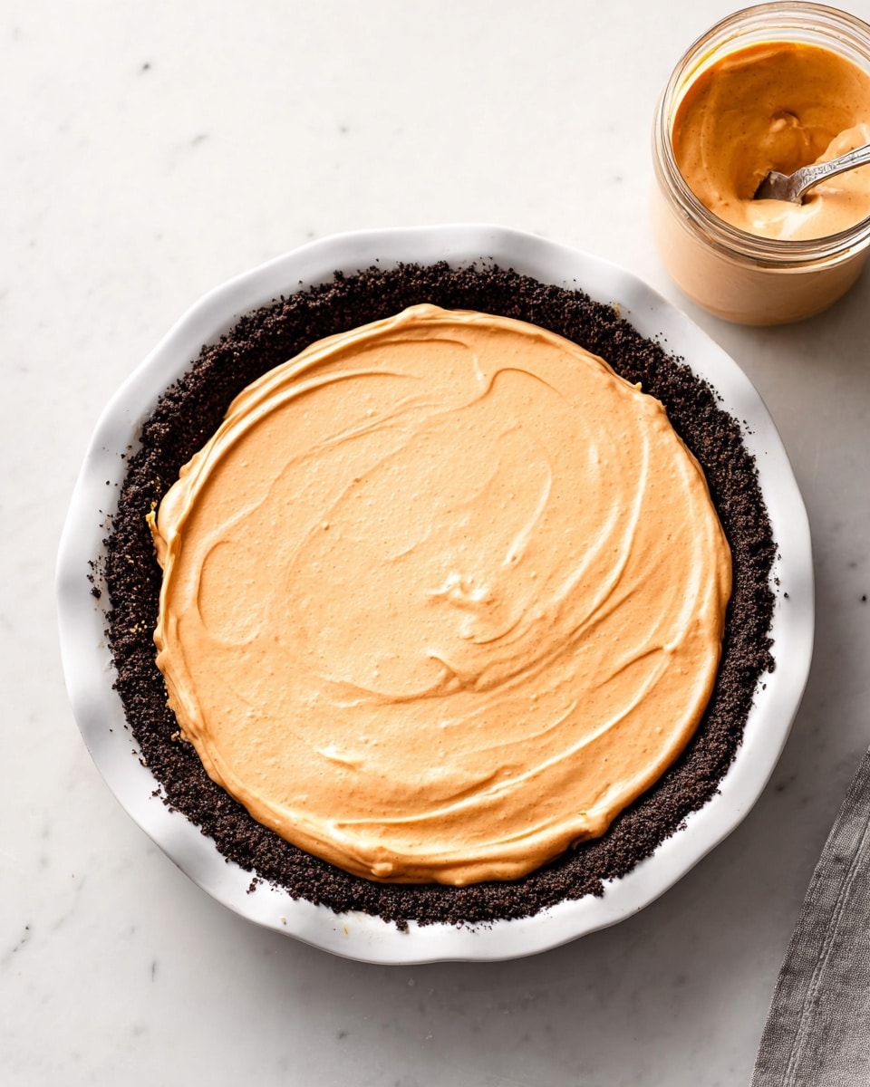 The image shows a two-layer pie in a white pie dish sitting on a white marbled surface. The bottom layer is a dark, crumbly crust evenly pressed along the edge of the dish, creating a thick border. The top layer is a smooth, creamy filling in a light orange color, spread evenly inside the crust with visible gentle swirls and texture. At the top right of the image, there is a glass jar containing a similar light orange cream with a spoon inside it. Photo taken with an iphone --ar 4:5 --v 7