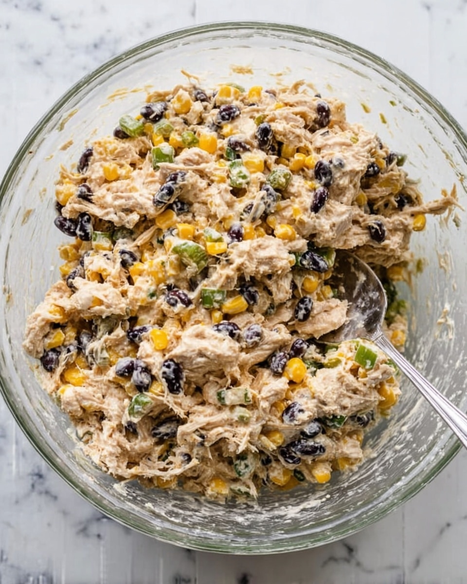 The image shows a clear glass bowl filled with a mixed salad. The salad has shredded light beige cooked meat as the main layer, mixed with small bright yellow corn kernels, dark black beans, and green bell pepper pieces. The texture looks creamy and slightly chunky, with small bits of a white dressing holding everything together. A silver spoon is placed inside the bowl on the right side. The bowl is placed on a white marbled surface. Photo taken with an iphone --ar 4:5 --v 7