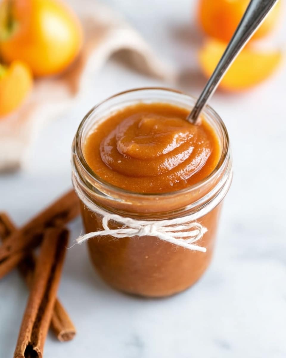 A clear glass jar filled with smooth, orange-brown sauce with a thick texture, swirled lightly on top, and a silver spoon dipped in the sauce. The jar is tied with a simple white string around its neck. In the blurred background, there are two brown cinnamon sticks and parts of yellow and orange fruits on a white marbled surface. The scene is bright and clean. photo taken with an iphone --ar 4:5 --v 7