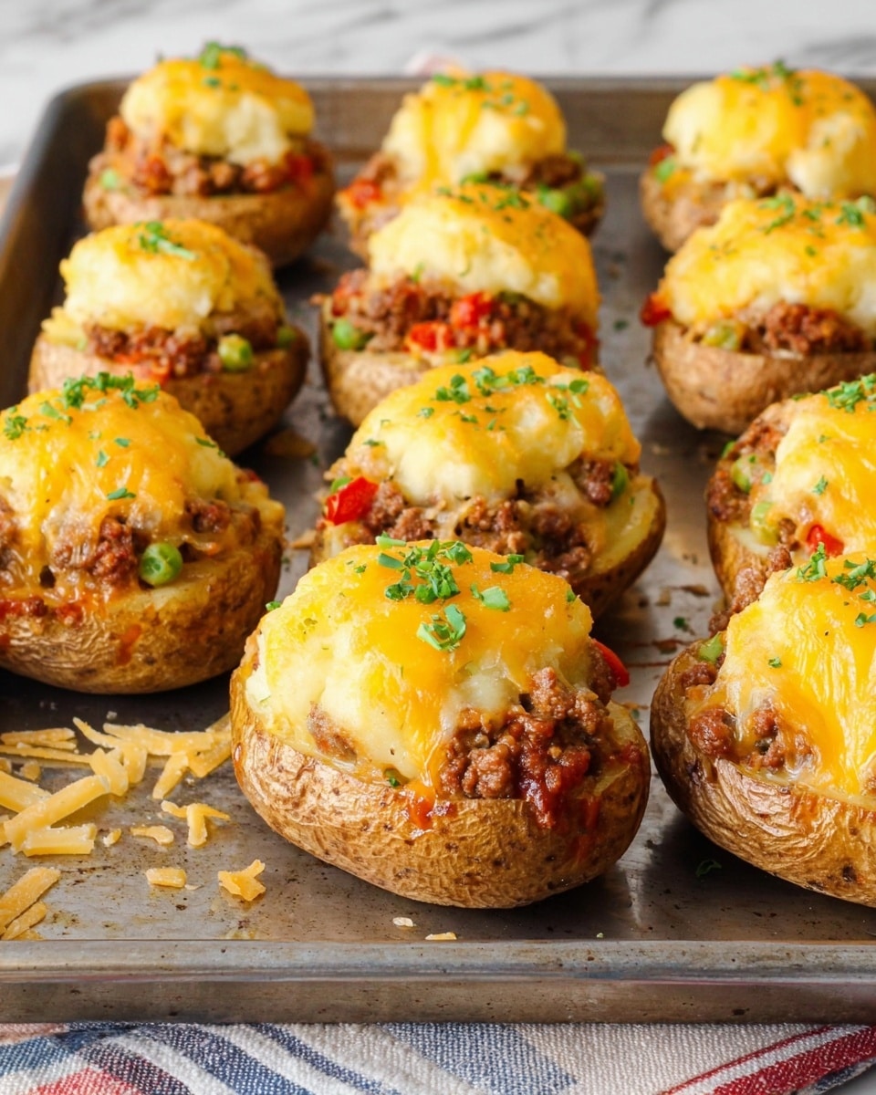 The image shows a group of baked potatoes on a metal tray, each potato has three visible layers: the bottom layer is the golden-brown crispy potato skin, the middle layer is a mixture of ground meat with visible small green peas and red bits of peppers, and the top layer is a thick mound of mashed potatoes with melted yellow cheese and a light sprinkling of chopped green herbs. The potatoes are arranged closely in rows, and the tray has some small pieces of cheese scattered around. The scene is set on a white marbled surface with a cloth under the tray. Photo taken with an iphone --ar 4:5 --v 7