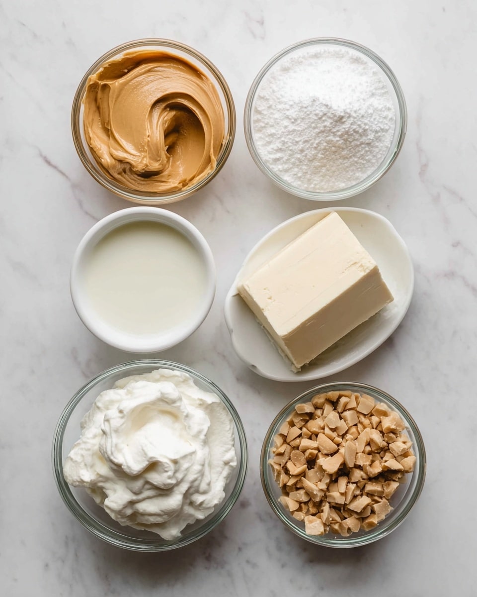 The image shows six small clear glass and white bowls placed on a white marbled surface, each containing a different ingredient. From the top left, there is a bowl with smooth, light brown peanut butter with a creamy texture. To its right is a bowl filled with white powdered sugar that looks fluffy and fine. Below the peanut butter, a small white bowl holds milk with a smooth, liquid surface. To the right of the milk, a clear glass bowl contains a large block of pale beige cream cheese with a soft, spreadable texture. Below the milk is a clear glass bowl full of white, fluffy whipped cream with soft peaks. Finally, at the bottom right, a small white bowl contains chopped light brown peanut pieces with a rough texture. The bowls are neatly arranged with space between them, and the whole setup has soft, natural lighting that highlights the colors and textures clearly photo taken with an iphone --ar 4:5 --v 7