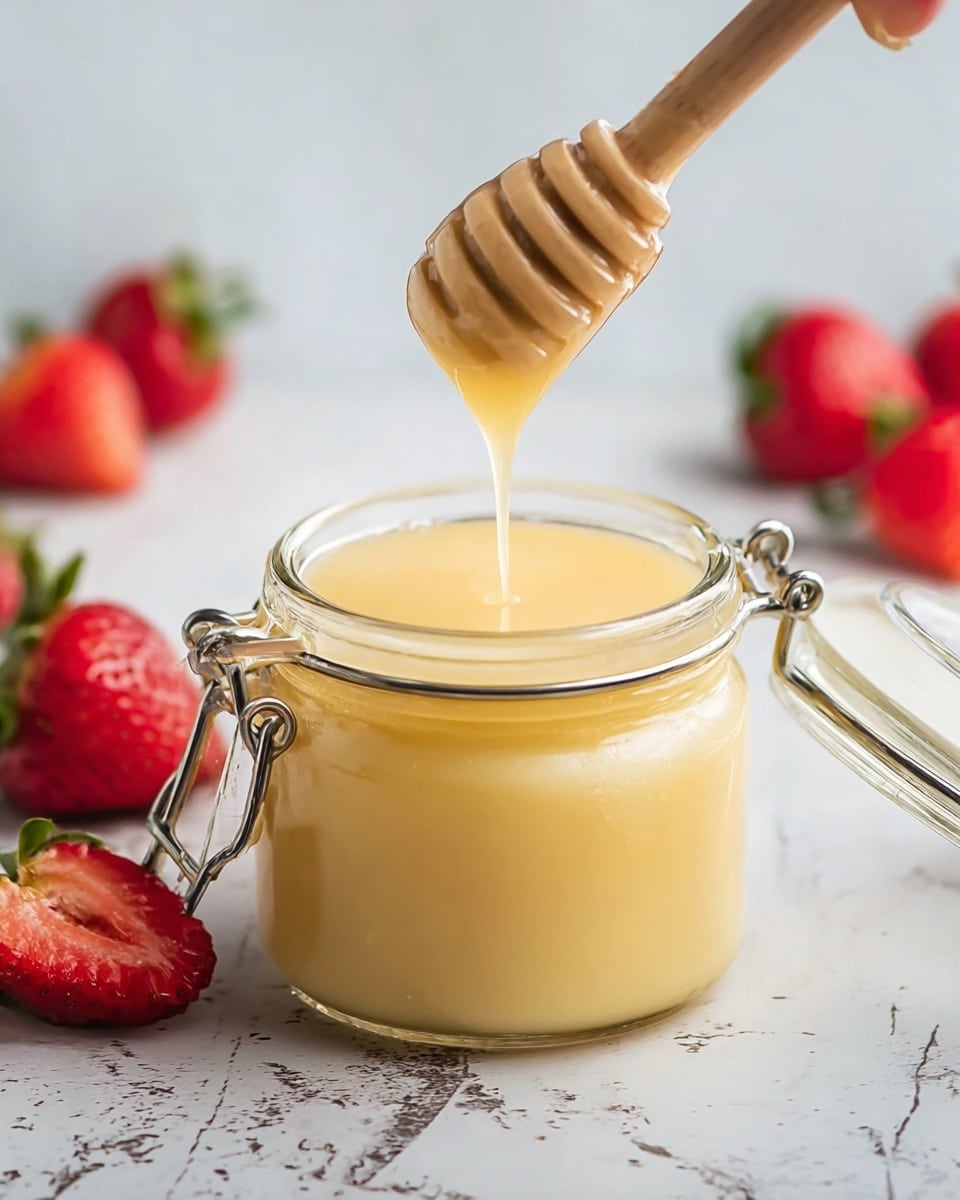 A glass jar filled with thick, smooth pale yellow honey sits on a white marbled surface. The jar has a metal clasp and a clear glass lid that is open and resting to the side. Above the jar, a wooden honey dipper held by a woman's hand drips the creamy honey back into the jar. In the background, several fresh red strawberries with green leaves add a bright and natural touch. The light is soft, making the honey look glossy and rich. photo taken with an iphone --ar 4:5 --v 7