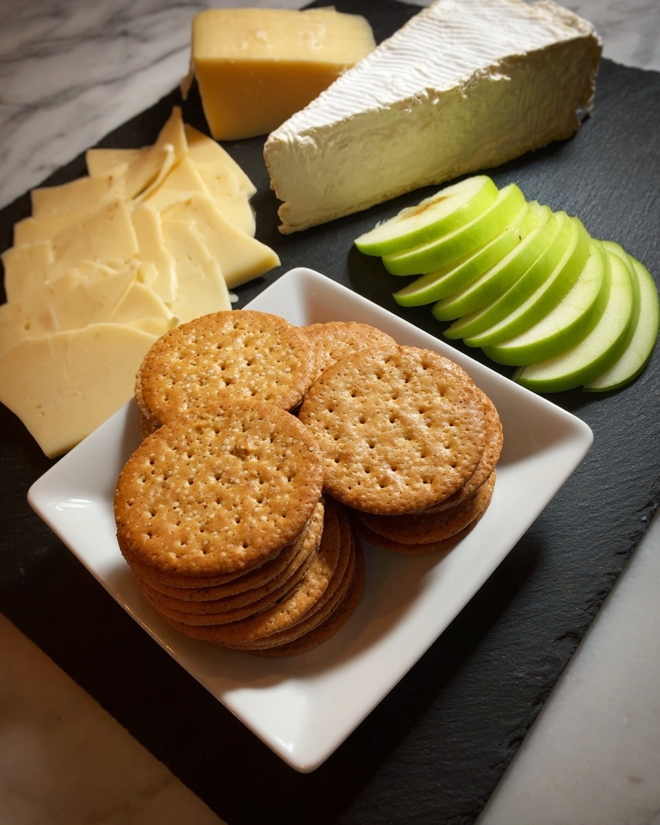 A white square plate filled with three neat stacks of round, golden-brown crackers with small holes, positioned in the center of a black slate cheese board. To the upper right of the plate, a white semi-soft cheese wedge with a slightly rough surface sits next to a pile of bright green apple slices arranged in a fan shape. Below the apple slices, there is a large block of firm pale-yellow cheese. All items rest on a white marbled surface, and soft warm lighting highlights the textures and colors of the crackers, cheese, and apples. Photo taken with an iphone --ar 4:5 --v 7