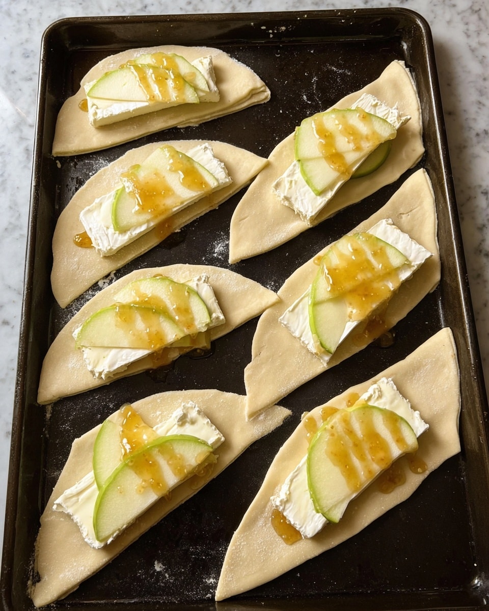 The image shows six uncooked crescent-shaped dough pieces on a dark baking tray. Each piece is topped near the wider side with one layer of thin green apple slice, followed by one thick rectangular piece of creamy white brie cheese with a soft texture, drizzled with a golden honey sauce that drips slightly onto the dough. The dough is light beige with a soft, slightly rough texture and pointed ends stretching out on the tray. The scene is set on a white marbled surface. photo taken with an iphone --ar 4:5 --v 7