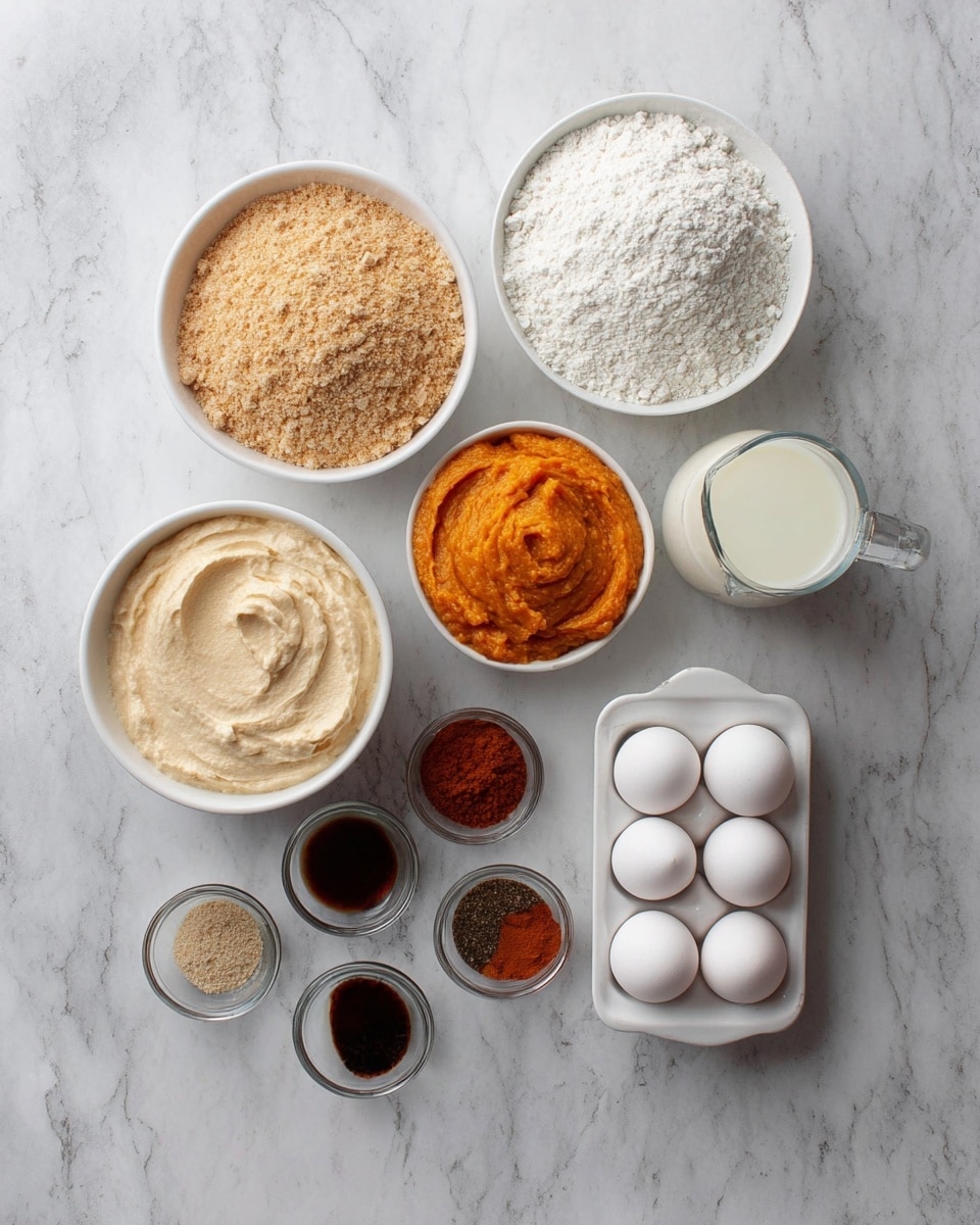 The image shows various baking ingredients carefully placed on a white marbled surface. There are four white bowls with different contents: one filled with light brown breadcrumbs, another with white flour, a third with a creamy beige spread, and a fourth with smooth pumpkin puree in bright orange. A clear glass jug holds white milk, and a small clear glass cup contains a light beige liquid. Near these, there are four brown small bowls with different spices in shades of dark brown and light brown, and a dark liquid like vanilla extract. At the bottom right, five white eggs rest in a white egg holder. The arrangement is simple and neat, showing all key ingredients clearly. Photo taken with an iphone --ar 4:5 --v 7