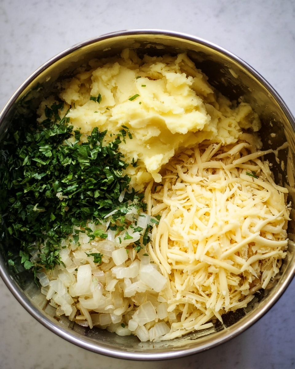 In a large metal bowl on a white marbled surface, there are four visible layers of ingredients arranged side by side: creamy yellow mashed potatoes on the left with a soft texture, finely chopped green herbs at the top with a fresh look, light golden shredded cheese on the right with thin strands, and small pieces of cooked onion at the bottom with slightly browned edges. The ingredients are close but not mixed, showing clear separation between each layer photo taken with an iphone --ar 4:5 --v 7