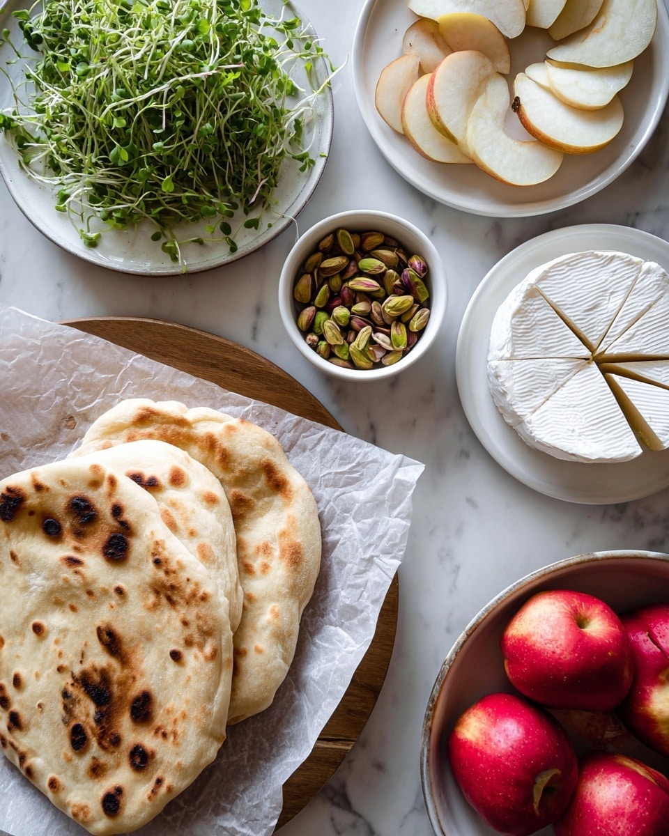 The image shows a white marbled surface with several food items arranged on it. There are two pieces of warm, light brown flatbread with darker brown spots, placed on white parchment paper and a round wooden board in the bottom left. At the top left, a white plate holds fresh green microgreens with thin, delicate stems and leaves. In the center, a small bowl contains greenish-brown pistachio nuts. On the top right, a white plate is stacked with round slices of soft white cheese with a smooth outer rind and creamy interior, arranged like a pie with one slice missing. At the bottom right, a white bowl is filled with shiny red apples with a smooth surface. The overall look is fresh and inviting with natural colors and textures. Photo taken with an iphone --ar 4:5 --v 7