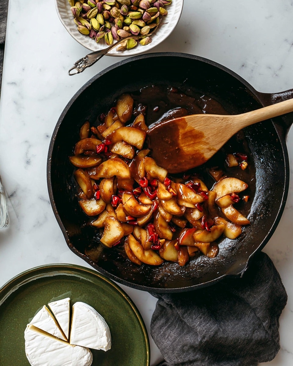 A black cast iron pan holds cooked apple slices and red pepper pieces coated in a glossy brown sauce, stirred by a light brown wooden spoon resting inside. Above the pan, a small white bowl filled with mixed pistachio nuts sits on a white marbled surface. Below, a dark green plate displays a round white cheese cut into wedges. A dark gray fabric napkin is partially visible beside the plate. The background is white marbled texture. photo taken with an iphone --ar 4:5 --v 7