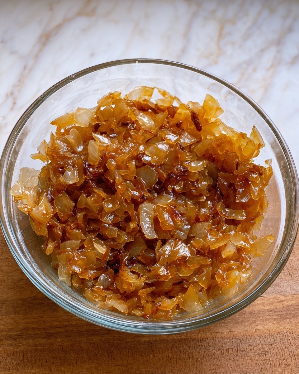 A clear, round bowl contains one layer of caramelized onions, showing a mix of golden brown and translucent pieces that look soft and shiny. The onions have small, uneven cuts and appear glossy with a slight oil coating, creating a glistening texture on the surface. The bowl is set on a white marbled texture. Photo taken with an iphone --ar 4:5 --v 7