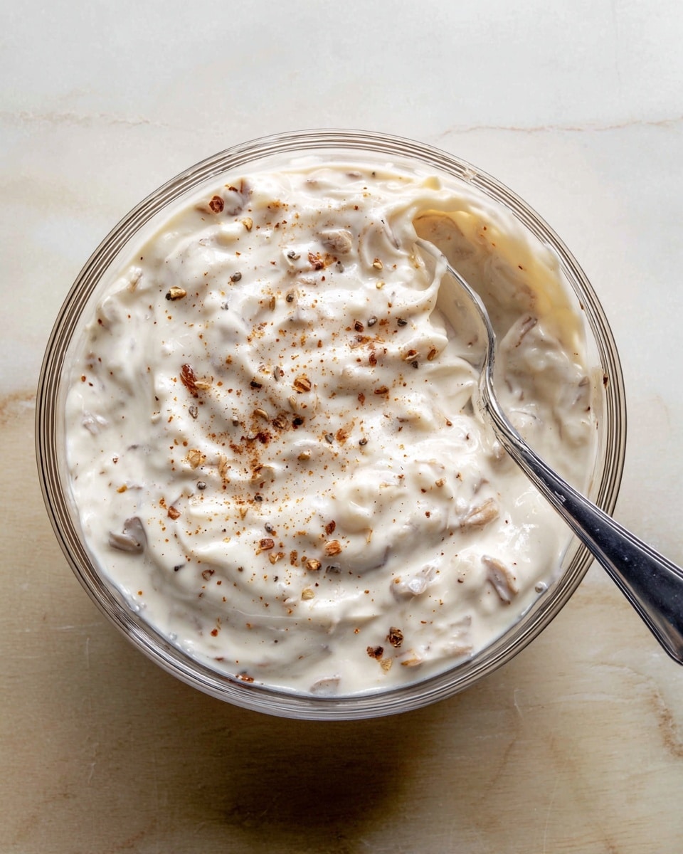 A clear bowl filled with a creamy white mixture that has small brown bits mixed throughout, giving it a textured look. The mixture appears thick and smooth with some visible pepper specks on top. A metal spoon is partially dipped into the bowl, resting on the right side. The bowl sits on a white marbled surface. photo taken with an iphone --ar 4:5 --v 7