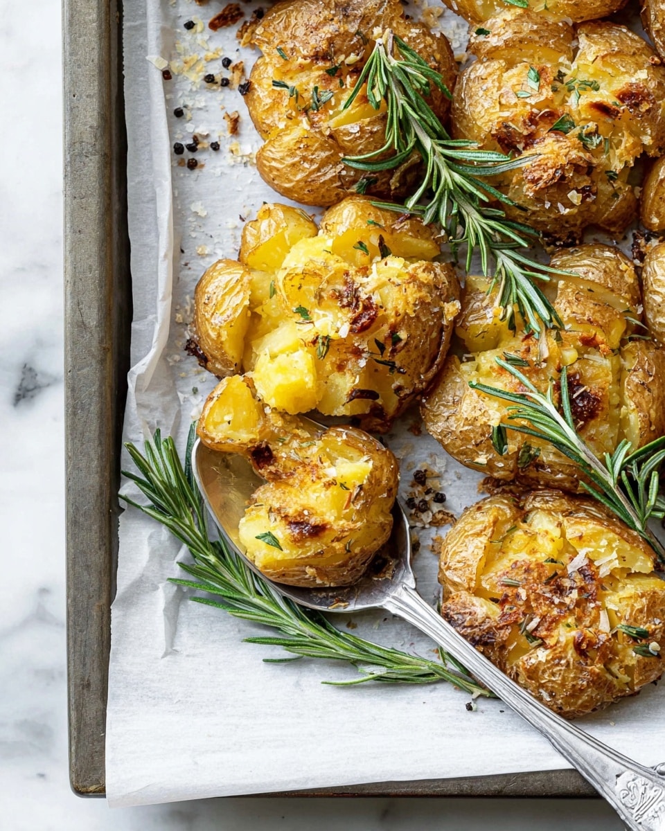 A baking tray lined with white parchment paper holds several golden brown smashed roasted potatoes. Each potato is slightly flat with a textured surface showing crispy edges mixed with soft yellow insides. The tops are sprinkled with small bits of herbs and grated cheese, creating a light crust. Bright green rosemary sprigs are scattered among the potatoes, adding contrast. A silver spoon lifts one potato up, showing more of its soft inside. The tray rests on a white marbled surface with a few black pepper flakes around. Photo taken with an iphone --ar 4:5 --v 7
