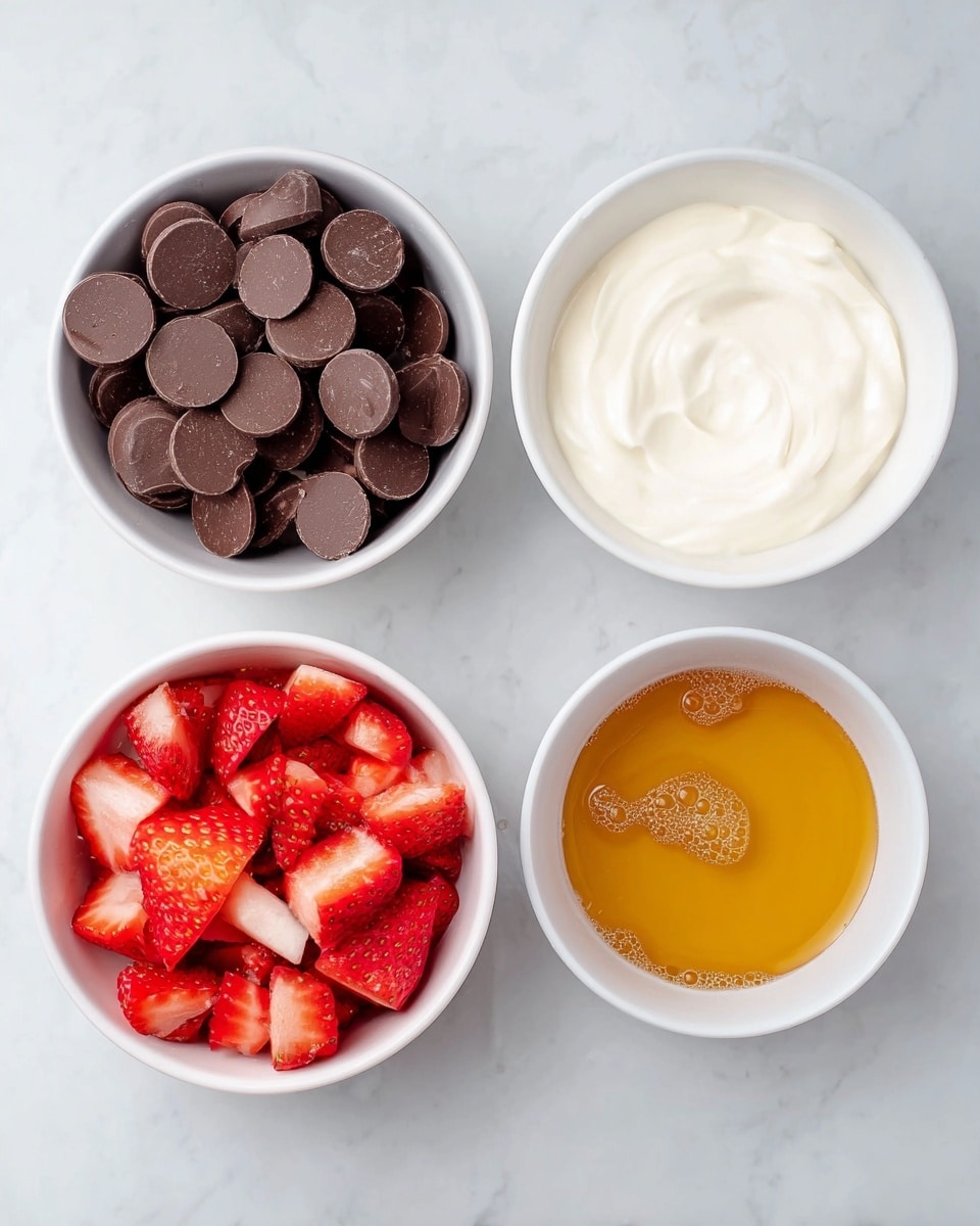 The image shows four white bowls on a white marbled surface. The top bowl is filled with round, dark brown chocolate pieces stacked loosely. To the left below it, there is a bowl filled with smooth, thick white cream. To the right, a smaller bowl holds a golden yellow liquid, likely honey, with a few small bubbles on the surface. The bottom bowl contains bright red chopped strawberries with varying sizes and some white parts visible from the interior flesh. The arrangement is neat and evenly spaced, with clear colors and textures in each bowl, photo taken with an iphone --ar 4:5 --v 7