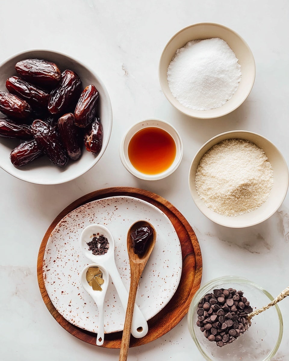 The image shows an arrangement of ingredients on a white marbled surface. There is a white bowl filled with shiny dark brown dates at the bottom left. To the right, a dark bowl holds a light beige powdery ingredient. Above it, a light bowl contains a pile of white powdered sugar. Near the top right, a small white bowl is filled with a golden amber liquid. Centered is a wooden plate placed on a large white plate with brown speckles; on the wooden plate are three spoons: one white with a dark liquid, one wooden with a white solid, and one small gold spoon with white granules. A single dark date lies on the large white plate. Some small dark chocolate chips are scattered beside a beige bowl filled with more chips on the left side. A clear glass cup is partially visible at the bottom right. The setup is clean with soft natural light, photo taken with an iphone --ar 4:5 --v 7