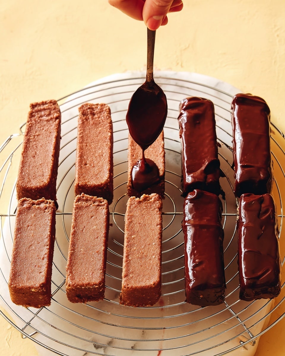 The image shows a round wire rack placed on a white marbled surface, holding several rectangular brown bars arranged vertically. Some bars are plain and have a smooth, slightly textured surface with a baked look, while others on the right side are thickly coated in rich, shiny dark chocolate that drips slightly over the edges. A woman's hand is holding a spoon dipped in dark chocolate above one of the plain bars, adding a fresh layer of chocolate. The background is a soft pale yellow that contrasts with the dark chocolate and brown bars. photo taken with an iphone --ar 4:5 --v 7