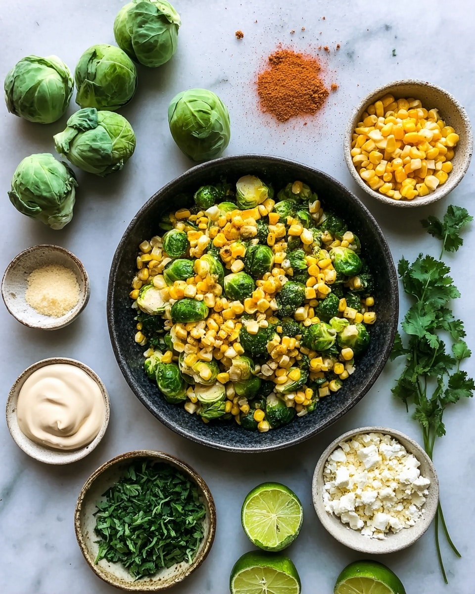 A round black bowl filled with a mix of bright yellow corn kernels and green Brussels sprouts sits in the center on a white marbled surface. To the left, three whole green Brussels sprouts and a halved lime are placed, along with a small bowl of smooth light cream and a small pile of orange-red powder, possibly a spice. To the right of the main bowl are three more small bowls: one with fresh green leaves, one with white crumbly cheese, and another small white bowl with yellow corn. Some fresh green herbs are spread near the top right corner, and half a lime is also visible on the bottom left. The scene is bright and fresh, with natural light highlighting the textures and colors. photo taken with an iphone --ar 4:5 --v 7