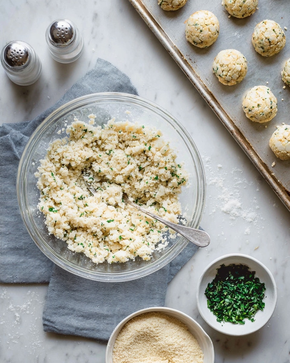 The image shows a clear glass bowl filled with a crumbly light beige and white mixture with small green herb bits, sitting on a gray cloth on a white marbled surface. A silver spoon with a little bit of the mixture rests inside the bowl. To the right, there is a metal baking tray holding small round scoops of the same mixture arranged in rows. Below the tray, a white bowl contains finely chopped green herbs. At the bottom of the image, another white bowl is filled with fine light beige crumbs, and a small white bowl with a creamy white substance and a spoon is just partially visible. In the top left corner, two salt and pepper shakers sit side by side. photo taken with an iphone --ar 4:5 --v 7