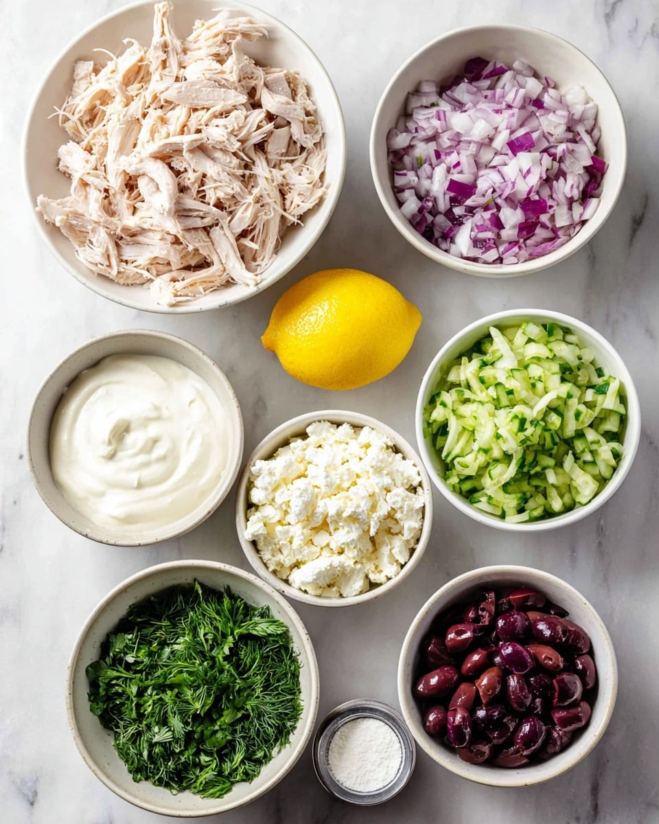 The image shows seven white bowls arranged on a white marbled surface, each bowl holding a different ingredient. At the top left, there's one large bowl filled with shredded pale beige chicken. To its right, a medium bowl contains finely chopped purple and white onions. Below that, a bowl is filled with smooth white sour cream. Next to it on the right, another bowl holds dark purple, chopped olives. On the bottom left, a bowl has a mix of finely chopped fresh green herbs, including parsley and dill. To the right, a bowl is full of shredded light green cucumber. Above the herbs, a bowl of soft white crumbled cheese is placed. A bright yellow lemon is centered among the bowls. There is also a white container of garlic powder lying near the onion bowl. Photo taken with an iphone --ar 4:5 --v 7