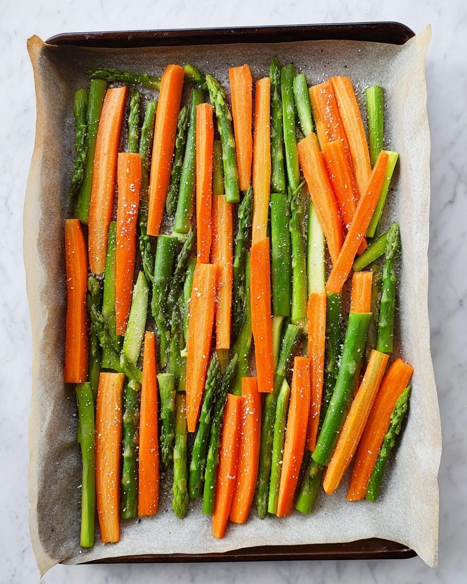 The image shows a baking tray lined with parchment paper, filled with two layers of vegetables. The first layer consists of long, bright orange carrot sticks placed evenly across the tray. The second layer holds green asparagus spears, scattered gently over the carrots, creating a colorful mix of orange and green. The vegetables are sprinkled lightly with coarse salt and pepper, giving a fresh and simple look. The background is a white marbled surface. photo taken with an iphone --ar 4:5 --v 7