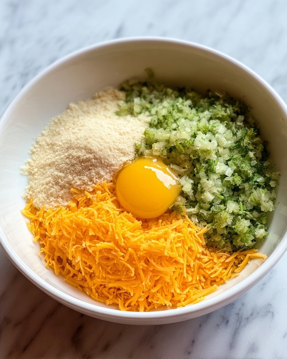 A white bowl with four clear layers inside, on a white marbled surface: the bottom layer is bright orange shredded cheese filling nearly half the bowl; above and to the left is a small pile of light beige powder; the remaining larger area to the top and right contains finely chopped pale green vegetables or herbs; on top of the green layer, near the center, is a shiny bright yellow raw egg yolk with some transparent egg white around it. photo taken with an iphone --ar 4:5 --v 7