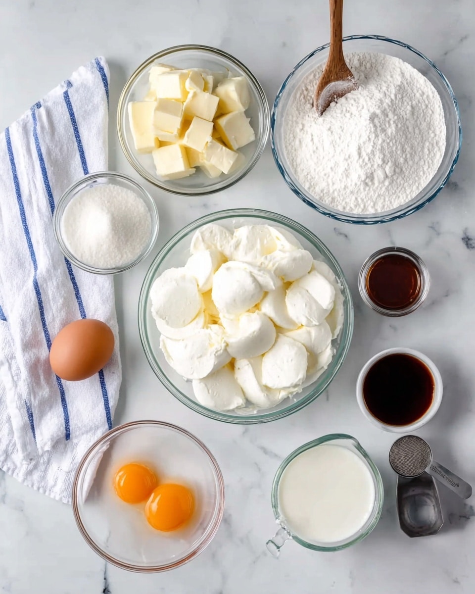 A top-down view of several clear glass bowls and containers arranged on a white marbled surface, each holding baking ingredients. One large bowl in the center contains many white, rounded dollops of cream cheese with a soft texture. Above it, a medium bowl is filled with white powdered sugar with a wooden spoon resting inside. To the left, a smaller bowl holds cubes of pale yellow butter. Below, a small glass bowl contains two raw eggs with orange yolks and clear whites. Next to it, a brown whole egg sits on the surface. Nearby, a small bowl is filled with dark brown vanilla extract. At the bottom right, a measuring cup contains white milk, and beside it, a silver metal scoop lies flat. A white cloth with blue stripes is partially visible on the far left edge. Photo taken with an iphone --ar 4:5 --v 7