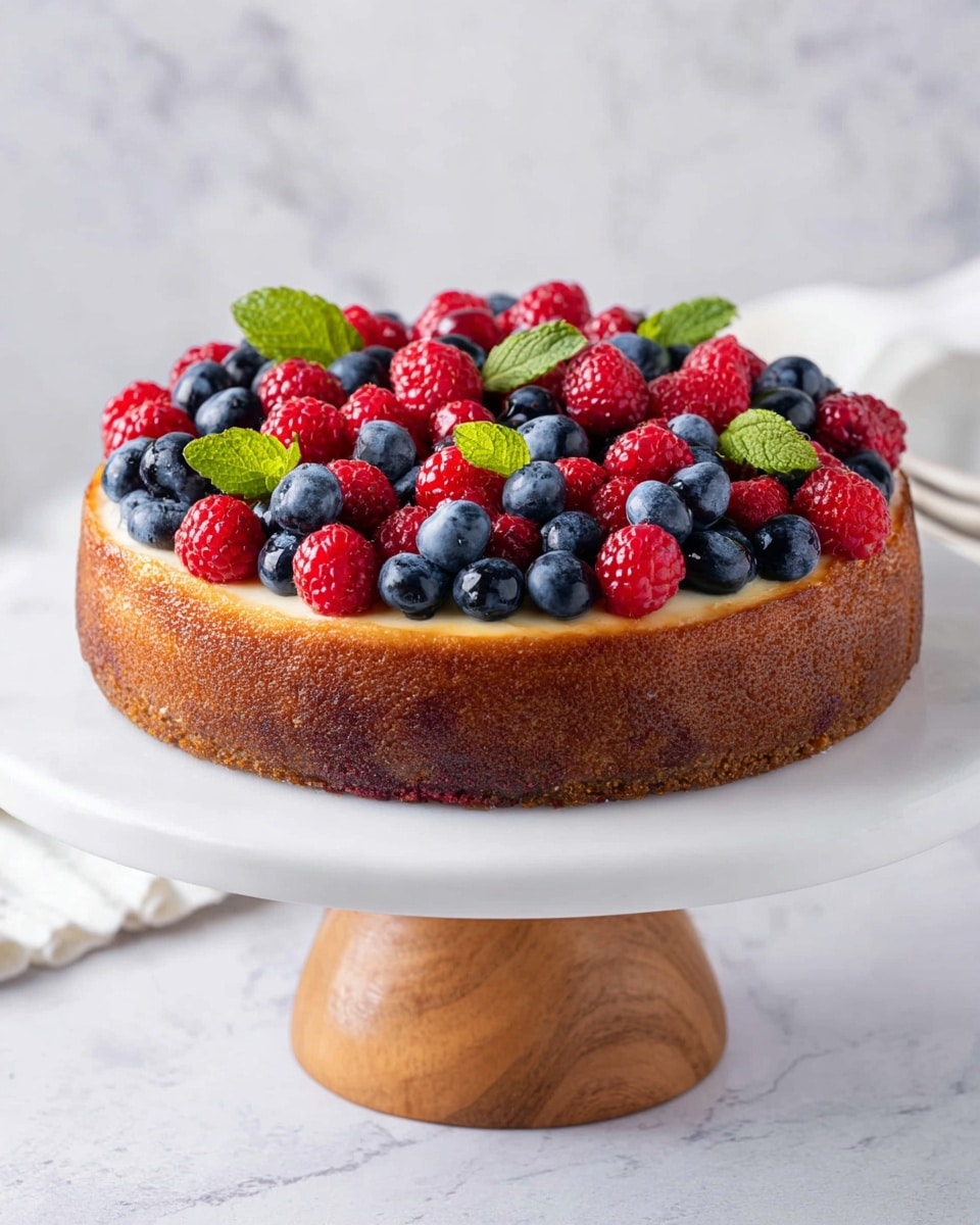 A round cheesecake with a thick golden-brown crust as the base layer, topped with a smooth creamy layer in the middle, and a dense topping of fresh raspberries and blueberries covering the entire surface, with small green mint leaves scattered evenly for contrast. The cake is placed on a white cake stand with a wooden base, set against a white marbled texture background. Photo taken with an iphone --ar 4:5 --v 7