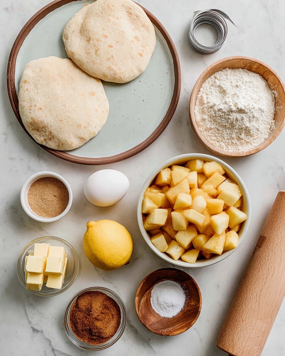 The image shows ingredients carefully arranged on a white marbled surface. At the top center, two round flatbreads with a pale beige color sit on a brown-rimmed white plate. Below that, a bowl filled with chopped light yellow and orange apple pieces is placed near the bottom right. To the left of the bowl, there is a small metal circular cutter. An egg with smooth white shell rests near the center. Surrounding these central items are small bowls and containers: a bowl of light brown sugar, a halved lemon showing its juicy yellow interior, two blocks of pale yellow butter in a small bowl, a clear small bowl of white flour, a brown wooden bowl of granulated white sugar, and a small bowl with a mix of cinnamon and other ground spices. A wooden rolling pin with a white handle lies on the right edge of the image. The setup is neat with soft natural light, capturing the textures of each ingredient well, photo taken with an iphone --ar 4:5 --v 7