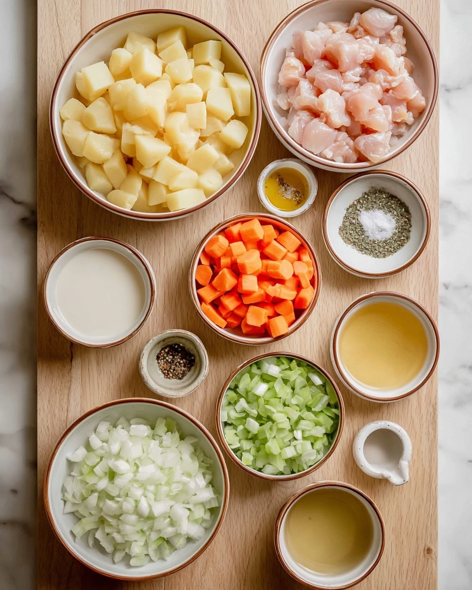 The image shows several small white bowls arranged on a light wooden surface, each filled with different ingredients. There is one large bowl filled with pale yellow chunks of peeled potatoes in the center, with a medium bowl of small orange carrot cubes to the right and a medium bowl of raw light pink diced chicken pieces above it. Below the potato bowl is a medium bowl full of finely chopped white onions, and next to it a medium bowl of small chopped celery pieces in a pale green color. Around these, there are smaller bowls holding various liquids and powders: a creamy white liquid, a translucent golden liquid, a small bowl with a white powder, a small bowl with a yellowish liquid, and a tiny bowl containing mixed salt and pepper. All bowls have a simple white design with brown rims, and the entire scene is set on a white marbled texture. Photo taken with an iphone --ar 4:5 --v 7