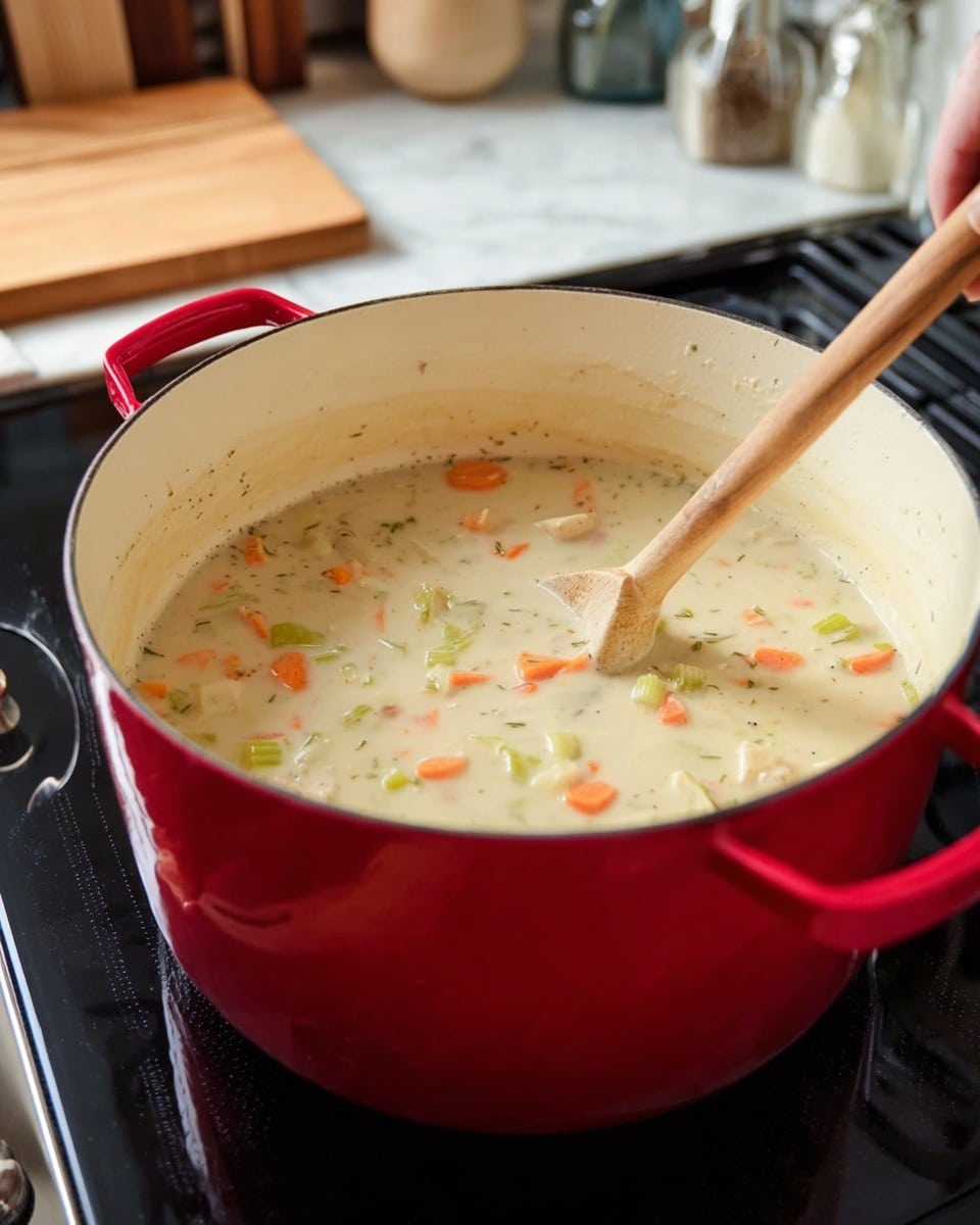 A thick white creamy soup with visible pieces of orange carrots, green celery, and small light brown chunks being stirred inside a red pot with a white inside. The pot sits on a black stove top, with a wooden spoon held by a woman's hand stirring the soup. The background shows a light wood counter and blurred kitchen items, all on a white marbled surface. photo taken with an iphone --ar 4:5 --v 7
