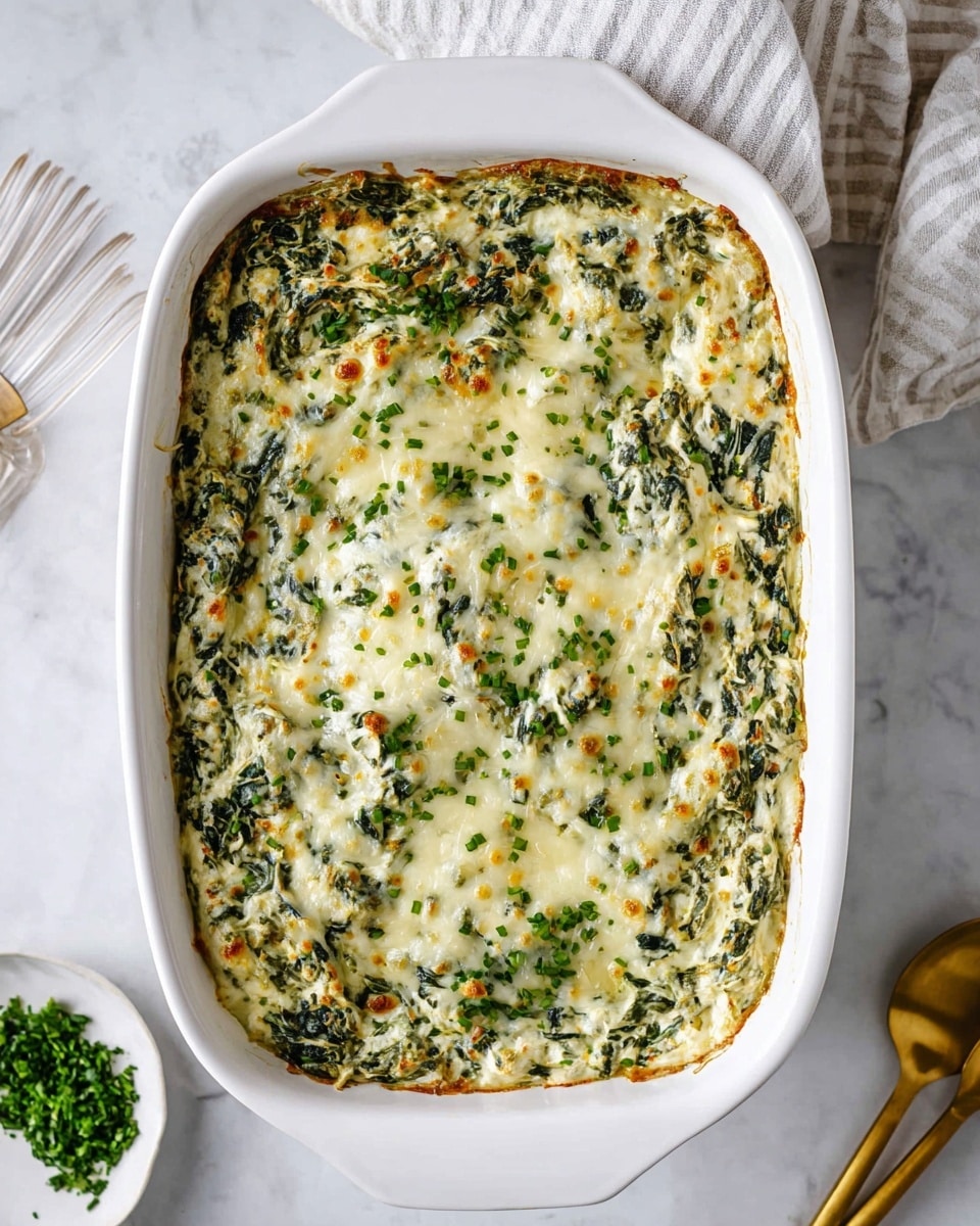 A white baking dish filled with a thick layer of creamy spinach dip topped with melted, slightly browned cheese, sprinkled with small bits of chopped green herbs. The dip appears rich and textured with pieces of spinach mixed evenly throughout. The dish is placed on a white marbled surface with a small white plate of chopped green herbs nearby and gold-colored utensils partially visible next to a white and gray striped cloth. Photo taken with an iphone --ar 4:5 --v 7