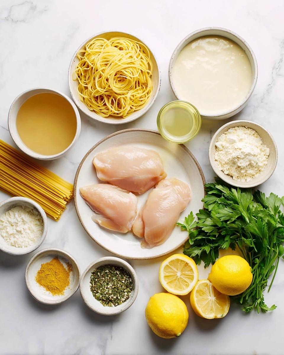 The image shows ingredients neatly arranged on a white marbled surface with a focus on raw chicken fillets on a white plate. To the left, there is a white bowl filled with yellow spaghetti noodles and next to it, a white bowl with light brown broth. In the center, a small glass holds a pale yellow liquid, and behind it, there is a white bowl filled with creamy white sauce. To the right, a plate holds fresh green parsley and two bright yellow lemons, one whole and one sliced into halves. Surrounding the plate are small bowls containing various seasonings: a yellow spice, grated cheese, a green herb mix, and flour. The whole setup is clean and organized, ready for cooking. photo taken with an iphone --ar 4:5 --v 7