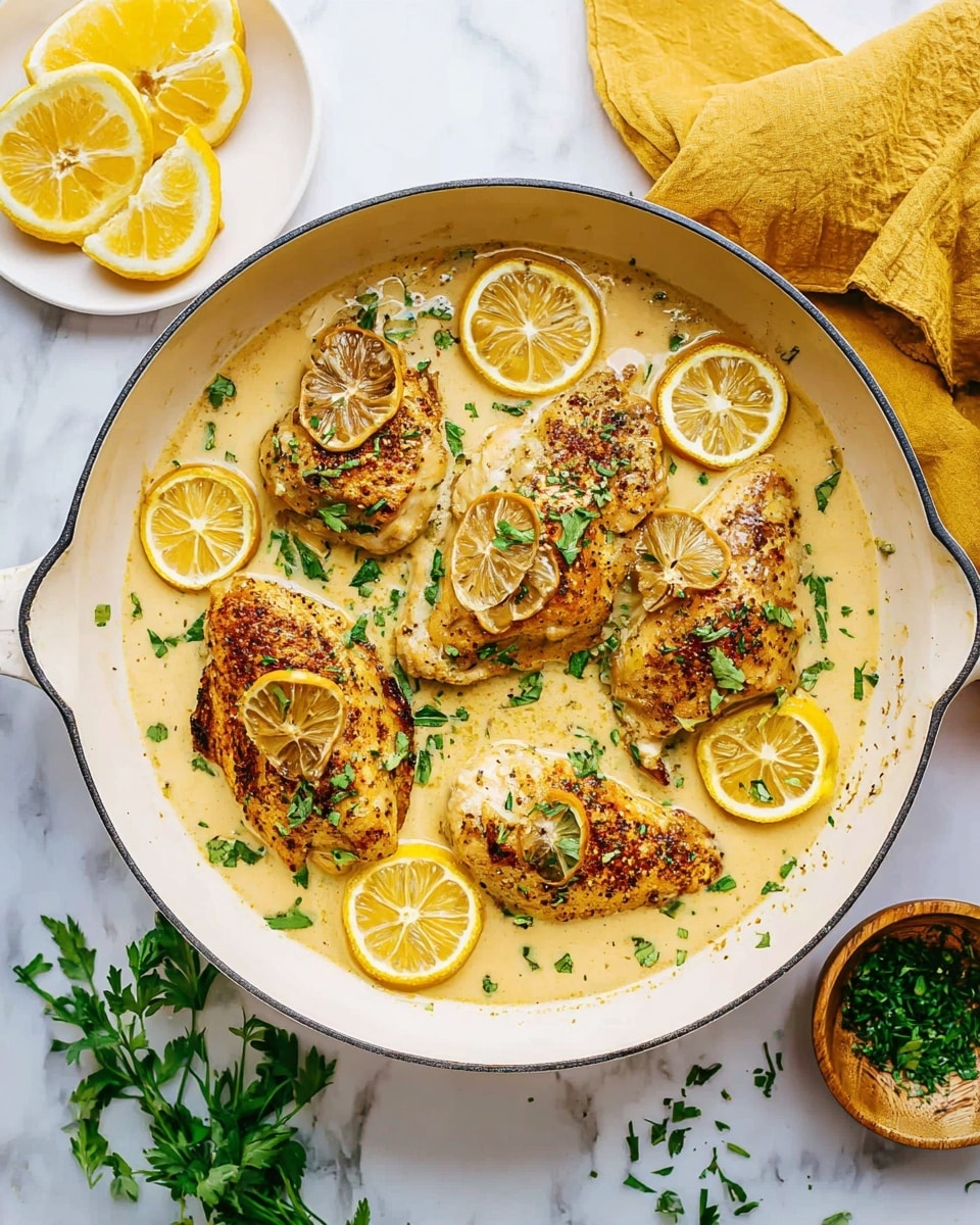 A white pan filled with five seasoned cooked chicken pieces in a creamy light yellow sauce. Each piece has a half lemon slice on top and is sprinkled with chopped fresh green herbs. Around the pan on a white marbled surface, there is a small white plate with lemon wedges on the left, a yellow cloth napkin in the top right, a small bowl with green herbs on the right, and some scattered green herb leaves. Photo taken with an iphone --ar 4:5 --v 7