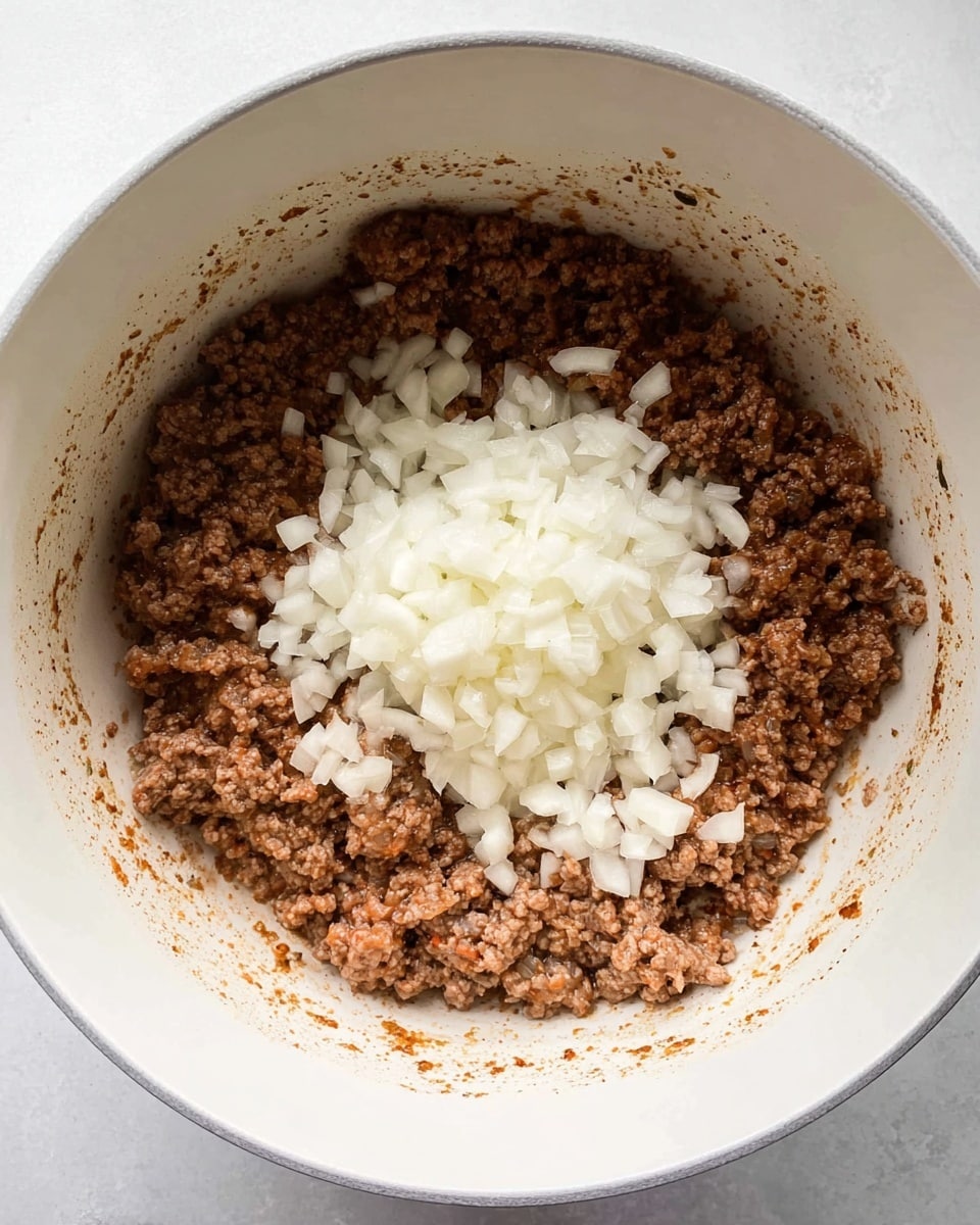 Inside a white pot, there is one main layer of cooked, crumbly brown ground meat covering the bottom and sides. On top, in the center, there is a pile of small, white, chopped onions. The texture of the meat looks soft and a little oily, while the onions appear fresh and slightly translucent. The inside of the pot is white with some brown seasoning marks near the edges. The photo taken with an iphone --ar 4:5 --v 7