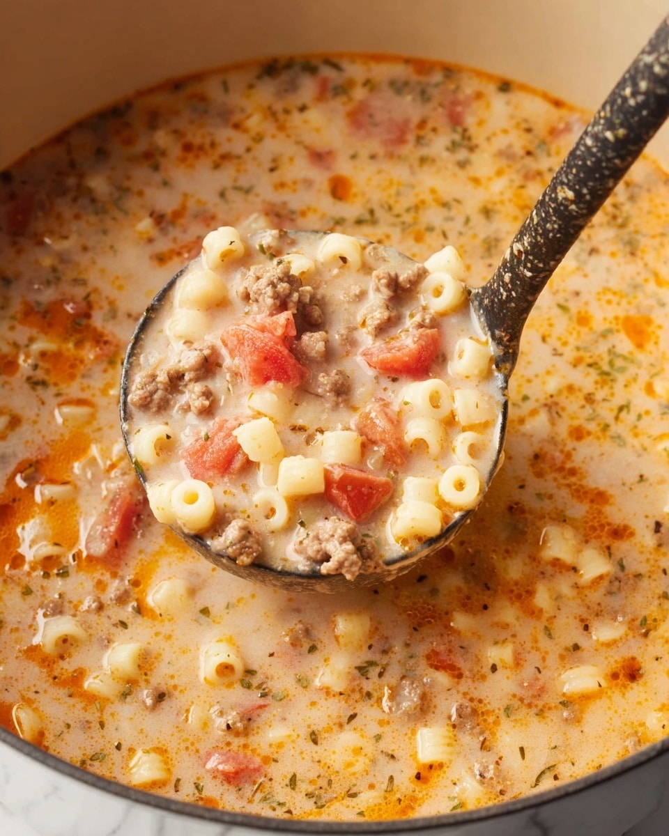 The image shows a close-up of a ladle lifting a thick soup from a pot. The soup has three main layers: small round pasta pieces in pale yellow, chunks of red tomato, and ground meat in a creamy white broth with orange oil specks floating on the surface. The pot has smooth light-colored walls, and the broth looks rich and slightly textured with herbs and spices mixed throughout. The background is a white marbled texture. photo taken with an iphone --ar 4:5 --v 7