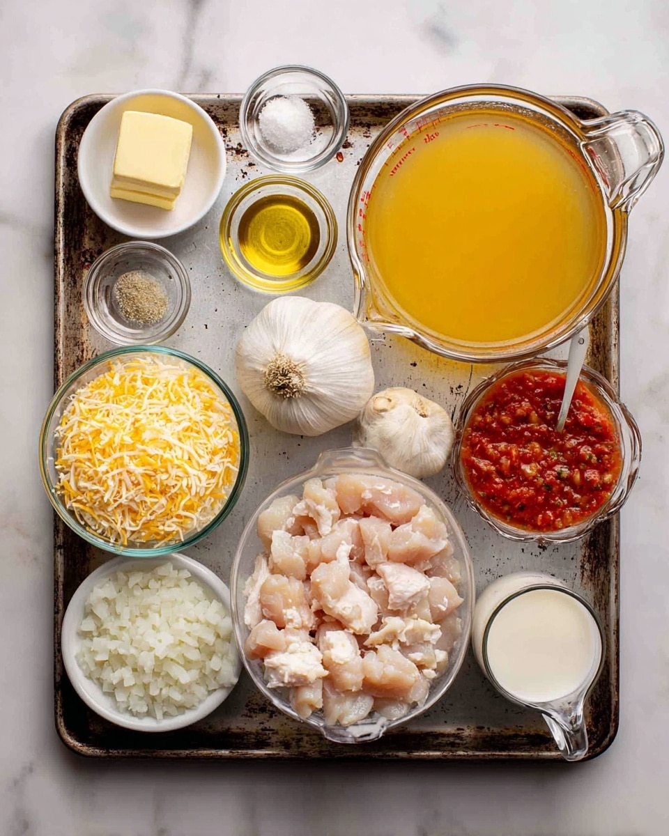 The image shows an overhead view of various raw ingredients arranged neatly on a worn metal tray and two white bowls on the side, all placed on a white marbled surface. On the metal tray, starting from the top left corner, there is a small glass bowl with a pat of butter, a small glass bowl with a clear yellow liquid, and a small glass bowl with salt and pepper. Next to these is a whole garlic bulb, a medium glass bowl with shredded yellow and white cheese, a large glass measuring cup filled with yellow broth, and a medium glass bowl filled with white rice. Below these, there is a small glass pitcher filled with cream and a large glass bowl containing raw diced chicken pieces. To the left side outside the tray are two white bowls, one with diced white onions and the other with a chunky red salsa. All items are distinct and clearly organized. Photo taken with an iphone --ar 4:5 --v 7