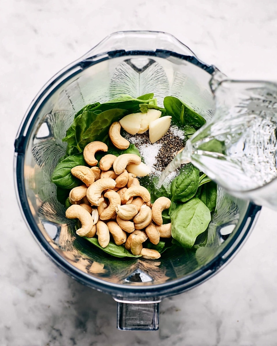 Inside a clear blender jar, there are fresh green basil leaves at the bottom, topped with light brown cashew nuts scattered evenly across. In the center, three peeled garlic cloves sit surrounded by a small white pile of salt and black pepper. A clear glass pitcher is pouring water into the blender from the bottom right. The blender is placed on a surface with a white marbled texture. photo taken with an iphone --ar 4:5 --v 7