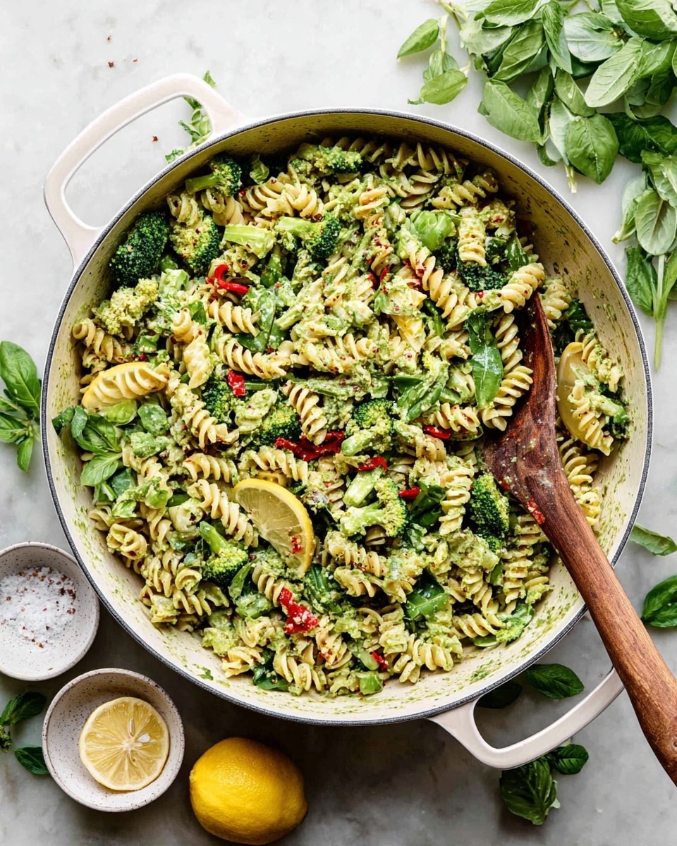 A large white pan filled with spiral pasta mixed with layers of green broccoli florets, small red bell pepper pieces, and fresh leafy greens scattered throughout. The pasta and vegetables are coated in a creamy green sauce, with a few lemon wedges tucked in on one side for garnish. A wooden spoon rests inside the pan, partly covered by the salad. Around the pan, small white bowls hold coarse salt and lemon slices, set on a white marbled surface with fresh green leaves casually placed nearby. Photo taken with an iphone --ar 4:5 --v 7