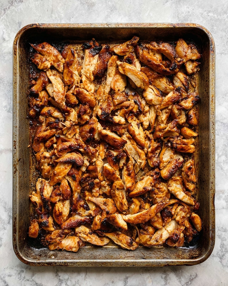 The image shows a metal baking tray filled with many pieces of cooked, thinly sliced chicken. The chicken slices are browned with some darker charred spots and have a shiny, slightly oily texture. The tray itself looks well-used with darkened edges and some baked-on residue, sitting on a white marbled surface. photo taken with an iphone --ar 4:5 --v 7
