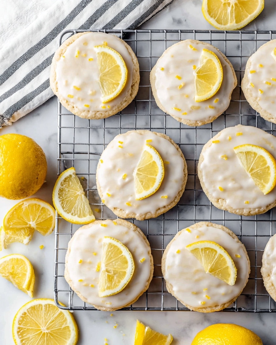 The image shows nine round cookies on a metal cooling rack placed on a white marbled surface. Each cookie has a light beige color with a smooth, thick white glaze coating containing small yellow specks evenly scattered on top. Three of the cookies feature a small slice of bright yellow lemon placed slightly off-center as decoration. Around the cooling rack, there are whole yellow lemons and lemon wedges scattered on the white marbled surface, adding a fresh and vibrant touch to the scene. A white cloth with black stripes is partially visible in the upper left corner. Photo taken with an iphone --ar 4:5 --v 7