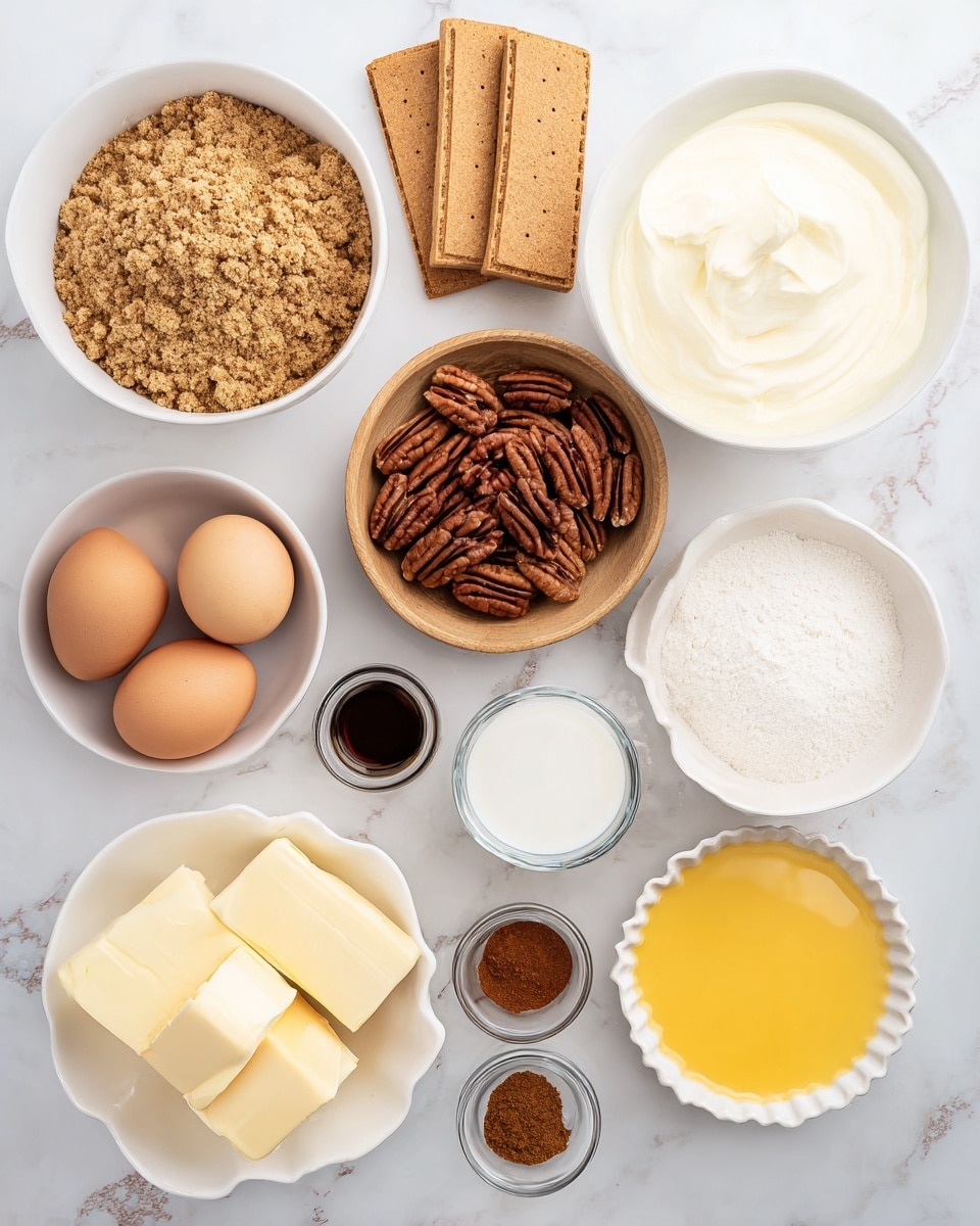 The image shows eleven bowls and a wooden dish arranged on a white marbled surface, each holding different ingredients. Starting from the top left, a white bowl contains a mix of crushed light brown crumbs and three rectangular beige biscuits standing upright. To its right is a large white bowl filled with smooth, creamy white cream. Below the biscuit bowl, a white bowl holds whole pecan nuts with dark brown shells. In the center, a small round wooden dish holds three brown eggs. To the right of the eggs is a white bowl with a white liquid, likely cream or milk. Below the pecans, a small glass bowl holds dark brown vanilla extract. Next to it, another small glass bowl contains white powder, possibly baking powder or corn starch. To the right, a white bowl is filled with bright yellow melted butter. Below the vanilla is another small glass bowl with reddish-brown cinnamon powder. Next to cinnamon, a white fluted dish holds three chunks of solid pale yellow butter. Below the lemon yellow butter, a large white bowl is filled with fine white granulated sugar. Finally, above the sugar is a white bowl with light brown soft packed brown sugar. photo taken with an iphone --ar 4:5 --v 7